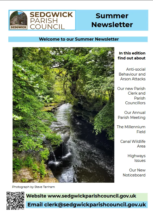An image of the summer newsletter with a titl SUMMER NEWSLETTER and an image of a waterfall