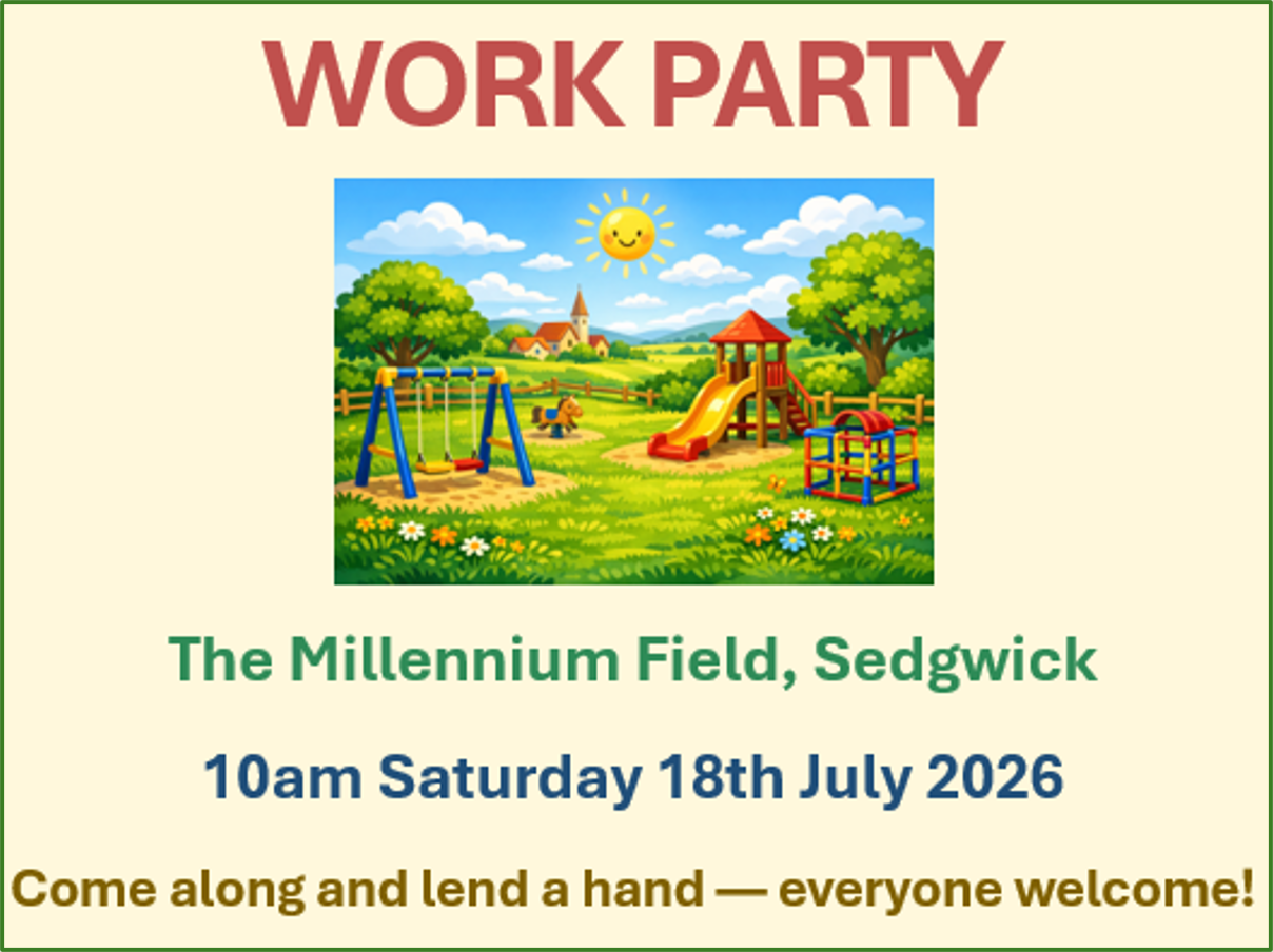 Poster encouraging people to come and help the work party at the Millennium Field on Saturday July 18th 2026 at 10am 